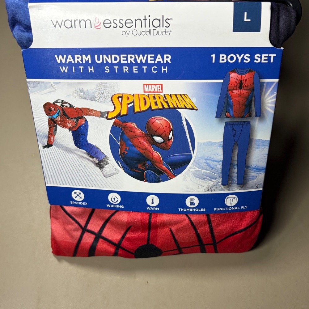 Cuddl Duds Warm Essentials Boys Spiderman Thermal Underwear Set Large 10/12 Blue